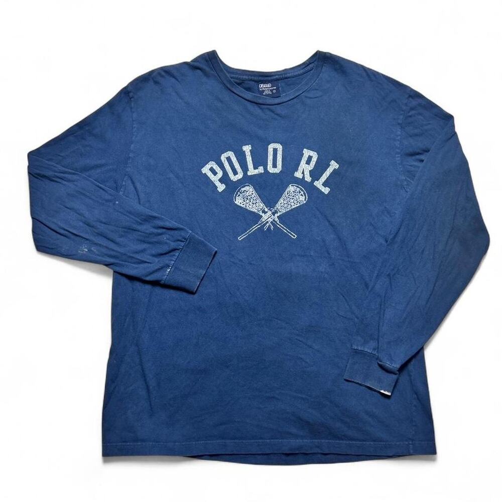Polo Ralph Lauren 90s Vintage Lacrosse Long Sleeve Navy Blue Shirt Large